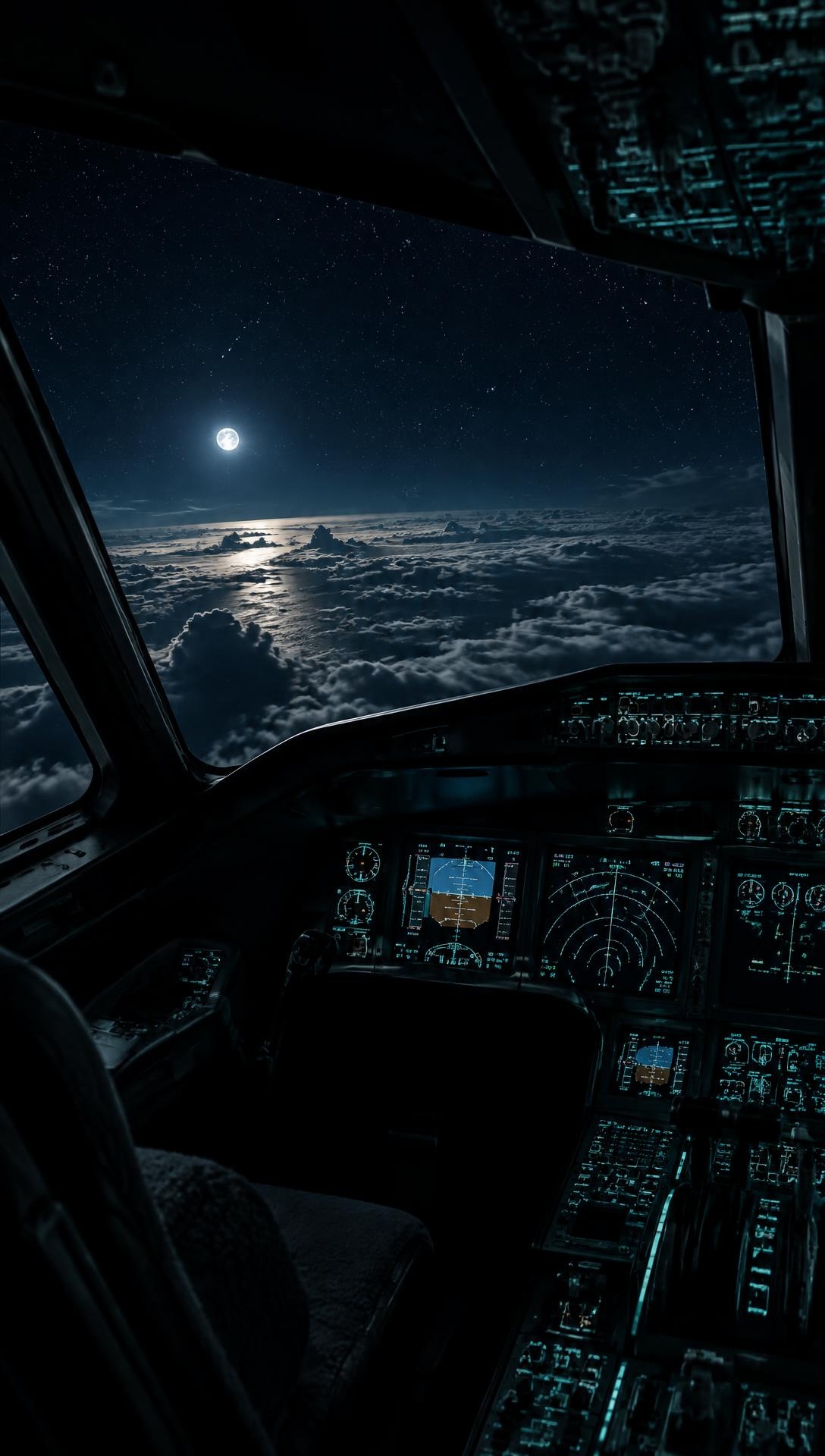 Night cockpit view above moonlit clouds